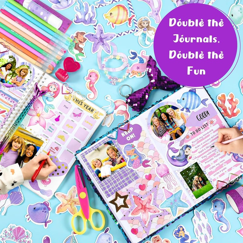 OFFIGIFT 2-Pack DIY Journal Kit for Girls Ages 8-12 13 14 Year Olds, Birthday Gifts for Teen Girls, 110pcs Art Crafts Scrapbook Supplies for Tween Kids, Kawaii Diary Stationary Set with Mermaid Sequin Journal - Image 2